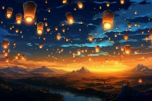 Flying lanterns in the night sky during the diwali festival india, yee peng or midautumn day in china concept by AI Generated photo