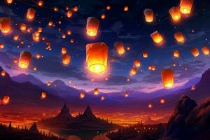 Flying lanterns in the night sky during the diwali festival india, yee peng or midautumn day in china concept by AI Generated photo