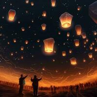 Flying lanterns in the night sky during the diwali festival india, yee peng or midautumn day in china concept by AI Generated photo