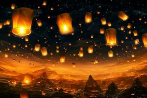 Flying lanterns in the night sky during the diwali festival india, yee peng or midautumn day in china concept by AI Generated photo