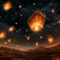 Flying lanterns in the night sky during the diwali festival india, yee peng or midautumn day in china concept by AI Generated photo