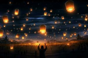 Flying lanterns in the night sky during the diwali festival india, yee peng or midautumn day in china concept by AI Generated photo