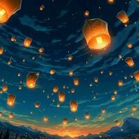 Flying lanterns in the night sky during the diwali festival india, yee peng or midautumn day in china concept by AI Generated photo