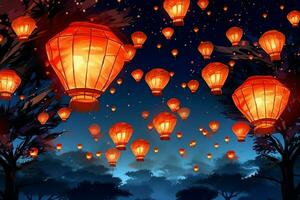 Flying lanterns in the night sky during the diwali festival india, yee peng or midautumn day in china concept by AI Generated photo