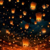 Flying lanterns in the night sky during the diwali festival india, yee peng or midautumn day in china concept by AI Generated photo