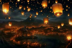 Flying lanterns in the night sky during the diwali festival india, yee peng or midautumn day in china concept by AI Generated photo