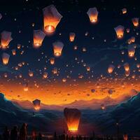 Flying lanterns in the night sky during the diwali festival india, yee peng or midautumn day in china concept by AI Generated photo