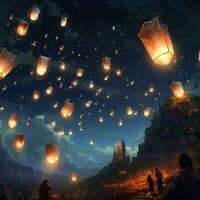 Flying lanterns in the night sky during the diwali festival india, yee peng or midautumn day in china concept by AI Generated photo