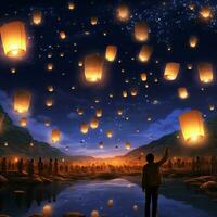 Flying lanterns in the night sky during the diwali festival india, yee peng or midautumn day in china concept by AI Generated photo