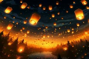 Flying lanterns in the night sky during the diwali festival india, yee peng or midautumn day in china concept by AI Generated photo