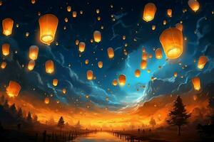 Flying lanterns in the night sky during the diwali festival india, yee peng or midautumn day in china concept by AI Generated photo