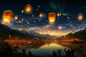 Flying lanterns in the night sky during the diwali festival india, yee peng or midautumn day in china concept by AI Generated photo