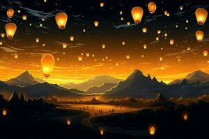 Flying lanterns in the night sky during the diwali festival india, yee peng or midautumn day in china concept by AI Generated photo