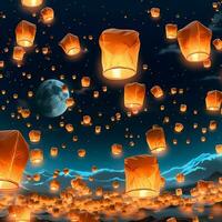 Flying lanterns in the night sky during the diwali festival india, yee peng or midautumn day in china concept by AI Generated photo