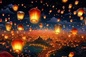 volador linternas en el noche cielo durante el diwali festival India, yee peng o mediados de otoño día en China concepto por ai generado foto