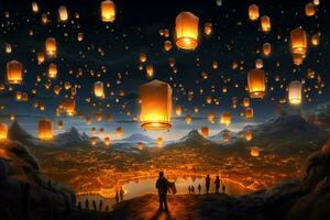 Flying lanterns in the night sky during the diwali festival india, yee peng or midautumn day in china concept by AI Generated photo