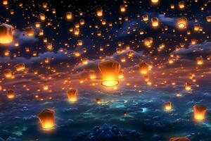 Flying lanterns in the night sky during the diwali festival india, yee peng or midautumn day in china concept by AI Generated photo