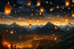 Flying lanterns in the night sky during the diwali festival india, yee peng or midautumn day in china concept by AI Generated photo