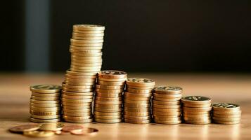 Stacks of savings coin arranged in ascending order on wooden working table or high coin towers representing the richness concept by AI Generated photo