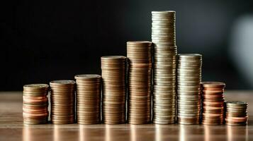 Stacks of savings coin arranged in ascending order on wooden working table or high coin towers representing the richness concept by AI Generated photo