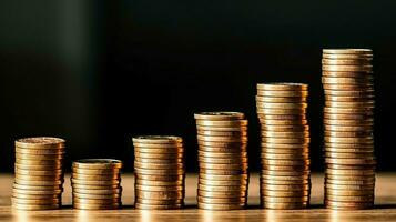 Stacks of savings coin arranged in ascending order on wooden working table or high coin towers representing the richness concept by AI Generated photo