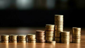 Stacks of savings coin arranged in ascending order on wooden working table or high coin towers representing the richness concept by AI Generated photo