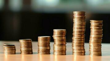 Stacks of savings coin arranged in ascending order on wooden working table or high coin towers representing the richness concept by AI Generated photo