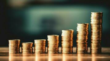 Stacks of savings coin arranged in ascending order on wooden working table or high coin towers representing the richness concept by AI Generated photo