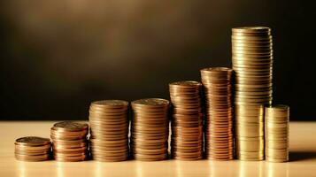 Stacks of savings coin arranged in ascending order on wooden working table or high coin towers representing the richness concept by AI Generated photo