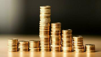 Stacks of savings coin arranged in ascending order on wooden working table or high coin towers representing the richness concept by AI Generated photo