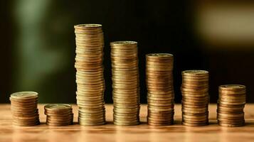 Stacks of savings coin arranged in ascending order on wooden working table or high coin towers representing the richness concept by AI Generated photo