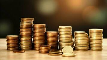 Stacks of savings coin arranged in ascending order on wooden working table or high coin towers representing the richness concept by AI Generated photo