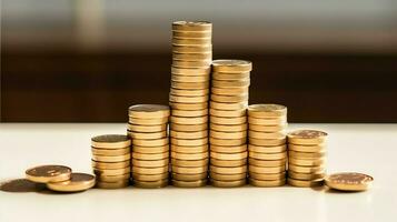Stacks of savings coin arranged in ascending order on wooden working table or high coin towers representing the richness concept by AI Generated photo