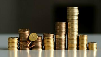 Stacks of savings coin arranged in ascending order on wooden working table or high coin towers representing the richness concept by AI Generated photo
