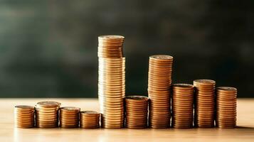 Stacks of savings coin arranged in ascending order on wooden working table or high coin towers representing the richness concept by AI Generated photo