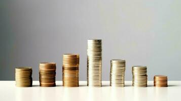 Stacks of savings coin arranged in ascending order on wooden working table or high coin towers representing the richness concept by AI Generated photo