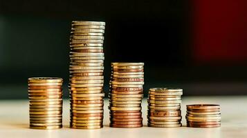 Stacks of savings coin arranged in ascending order on wooden working table or high coin towers representing the richness concept by AI Generated photo