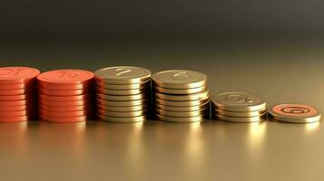 Stacks of savings coin arranged in ascending order on wooden working table or high coin towers representing the richness concept by AI Generated photo