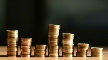 Stacks of savings coin arranged in ascending order on wooden working table or high coin towers representing the richness concept by AI Generated photo