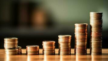 Stacks of savings coin arranged in ascending order on wooden working table or high coin towers representing the richness concept by AI Generated photo