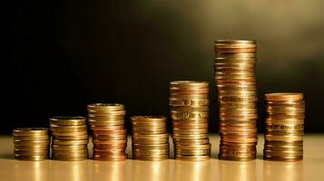 Stacks of savings coin arranged in ascending order on wooden working table or high coin towers representing the richness concept by AI Generated photo