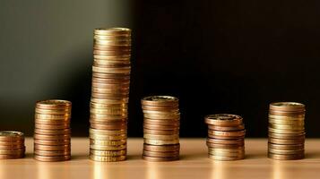 Stacks of savings coin arranged in ascending order on wooden working table or high coin towers representing the richness concept by AI Generated photo