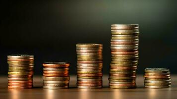 Stacks of savings coin arranged in ascending order on wooden working table or high coin towers representing the richness concept by AI Generated photo