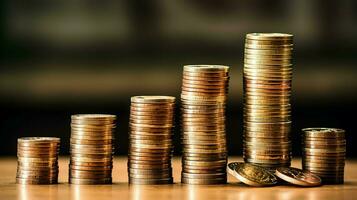 Stacks of savings coin arranged in ascending order on wooden working table or high coin towers representing the richness concept by AI Generated photo