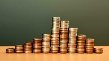 Stacks of savings coin arranged in ascending order on wooden working table or high coin towers representing the richness concept by AI Generated photo