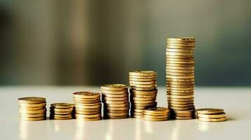 Stacks of savings coin arranged in ascending order on wooden working table or high coin towers representing the richness concept by AI Generated photo