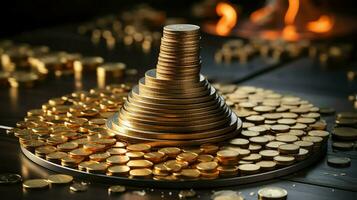 Stacks of savings coin arranged in ascending order on wooden working table or high coin towers representing the richness concept by AI Generated photo