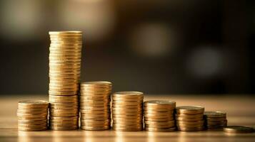 Stacks of savings coin arranged in ascending order on wooden working table or high coin towers representing the richness concept by AI Generated photo