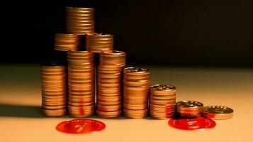 Stacks of savings coin arranged in ascending order on wooden working table or high coin towers representing the richness concept by AI Generated photo