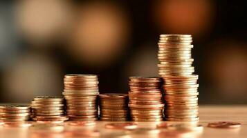 Stacks of savings coin arranged in ascending order on wooden working table or high coin towers representing the richness concept by AI Generated photo